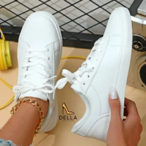 Simple Low Top White Sneakers, Lace-Up Sneakers