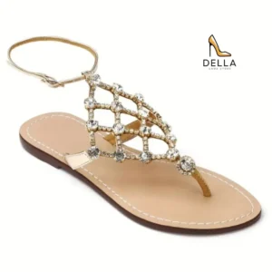 T-Strap Sandals with Buckle, Rhinestone-Studded Toe Sandals