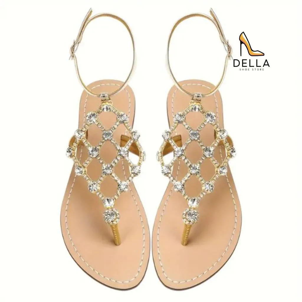 T-Strap Sandals with Buckle, Rhinestone-Studded Toe Sandals